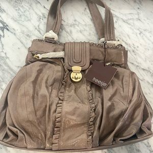 NWT Treesje Metallic Taupe Gray Leather Handbag